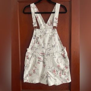 White Denim Shortalls with Floral Detail